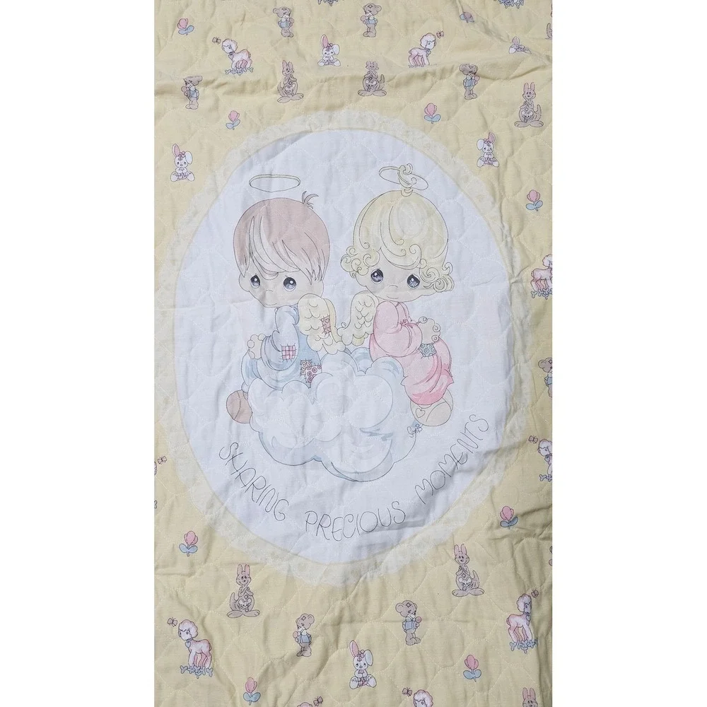 Vintage Precious Moments Quilted Baby Blanket Yellow Angel Lace‎ Trim 90s